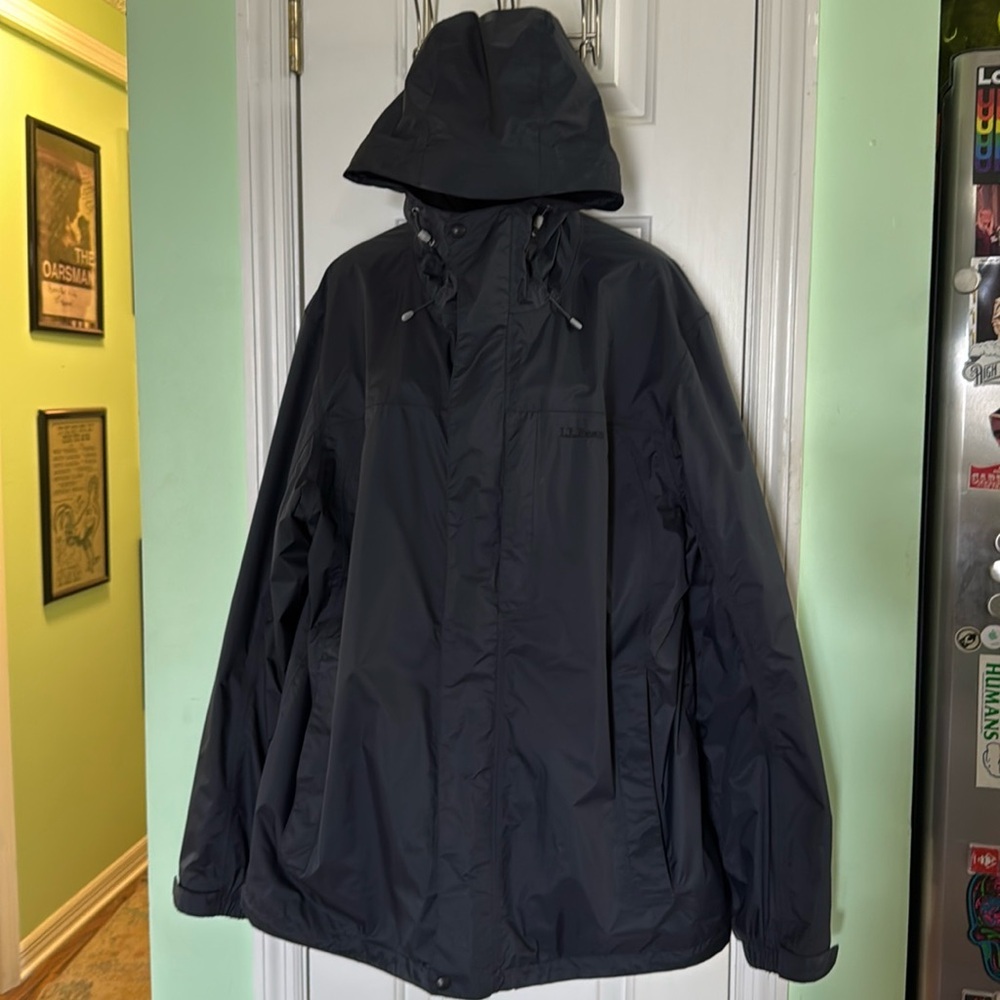 LL Bean Black Fleece Lined Windbreaker Hooded Jacket Fall Winter Warm Size XL